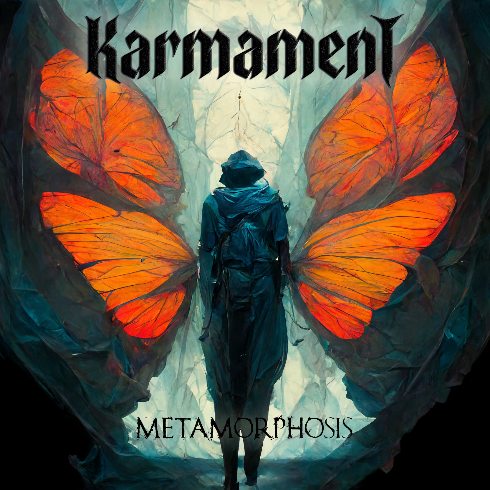 A human figure with abstract orange butterfly wings with the words Karmament and Metamorphosis top and bottom
